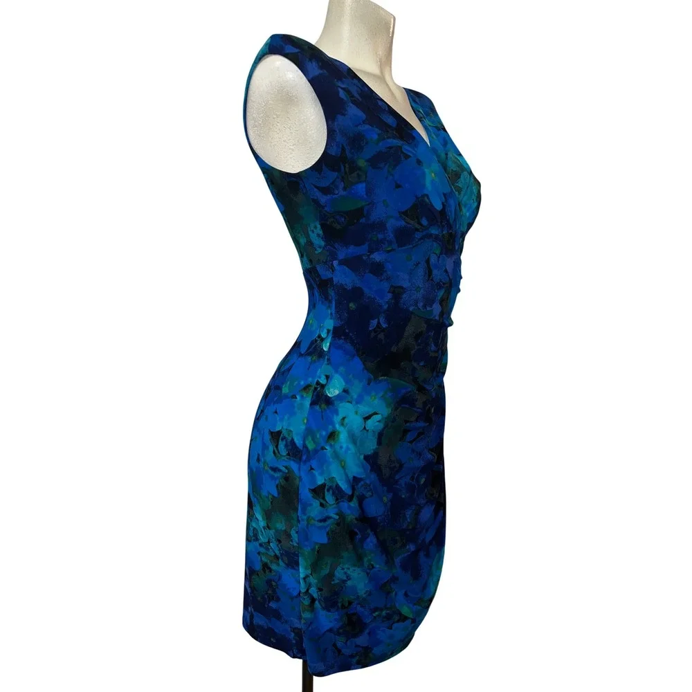 Lauren Ralph Lauren Blue Floral Watercolor Ruched V-Neck Sheath Dress Size 4 - Picture 3 of 8